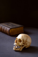 Artificial realistic human skull smoking a cigarette Copy space. Dark background