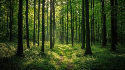 Obraz premium Sunlight Filters Through Lush Green Trees in a Serene Forest Setting with a Natural Pathway for Exploration