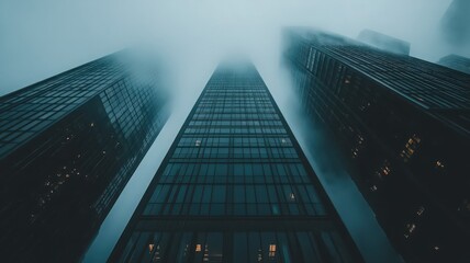 Dark Blue Skyscrapers Shrouded in Foggy City Atmosphere