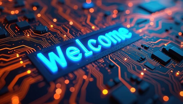 Welcome word on digital cyberspace blue background. Greeting text for events, marketing, hospitality business web banner. Promotional invitation template with innovative futuristic interactive