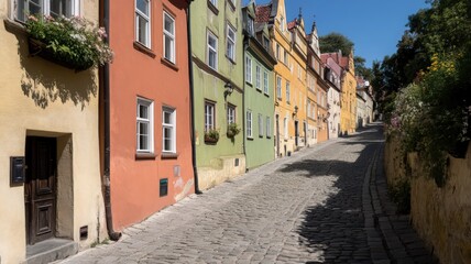 Fototapeta premium Colorful Houses Line a Sunny Cobblestone Street in a European Town