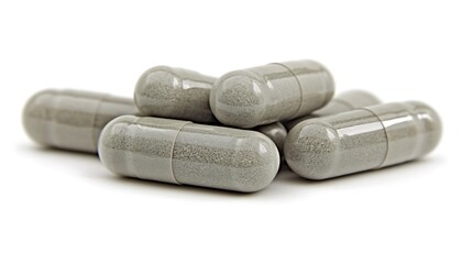 Several gray capsules lie in a small pile on white background
