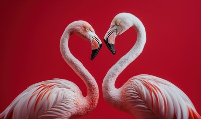 Flamingos forming heart shape against vibrant red background showcasing love and connection