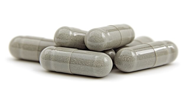 Several gray capsules lie in a small pile on white background