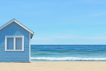A small blue beach house next to the beautiful ocean water