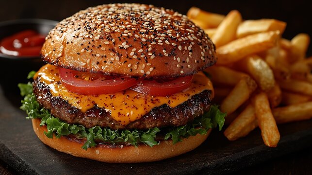 Juicy cheeseburger sesame seed bun melted cheddar crispy lettuce tomato slices served golden fries ketchup vibrant diner style setup perfect fast food meal concept