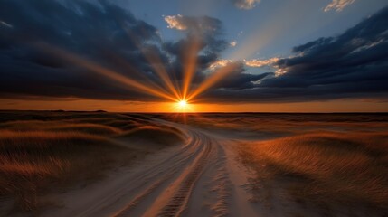 Dramatic sunset over a sandy path