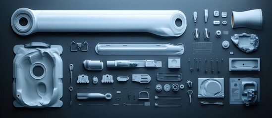 Fototapeta premium White colored machine parts and components arranged in a layout