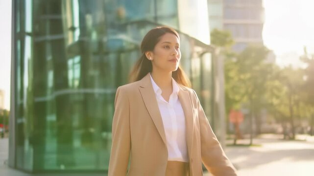 Stylish businesswoman confidently walking through a modern city bustling with energy and sunlight amidst towering skyscrapers