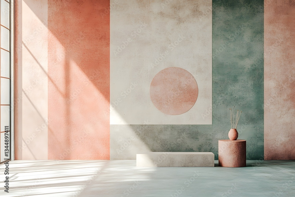 Poster minimalist geometric patterns in soft colors, emphasizing simplicity and balance