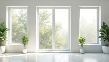 Bright empty white room interior with three windows. Green plants on floor. Modern design with minimalist aesthetic. Sunlight through glass. Home or office space with nature. Fresh look, calm, peace.