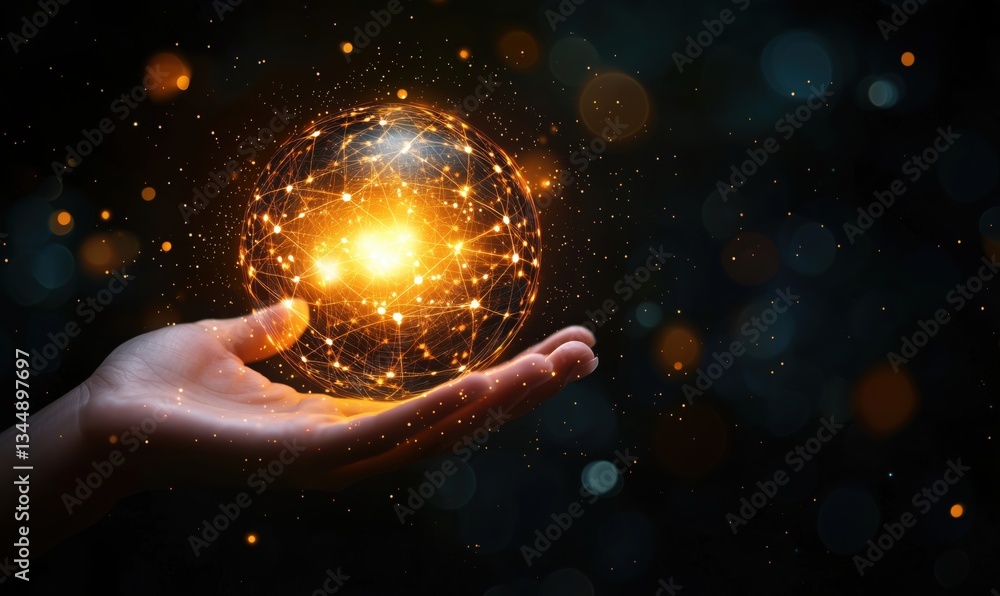 Poster glowing sphere of interconnected networks held in hand representing technology and innovation