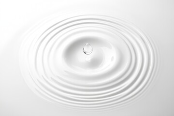 Macro photograph of a single milk droplet creating concentric ripples on a smooth white liquid surface with high-key lighting and minimalist composition against a pure white background