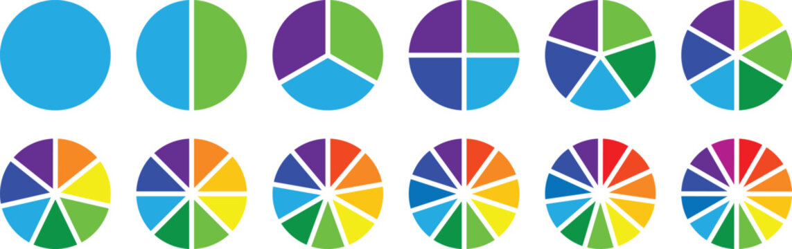 Circle pie chart diagram. Pie chart set, segmented circle icons. Pie chart divided 1,2,3,4,5,6,7,8,9,10,11,12 equal parts. Infographic wheel segment or section parts. Circle section graph. Vector set