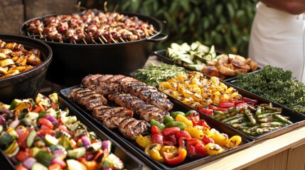 Obraz premium Outdoor BBQ buffet with grilled meats and vegetables. Possible use Restaurant promotion, food blog, stock photo
