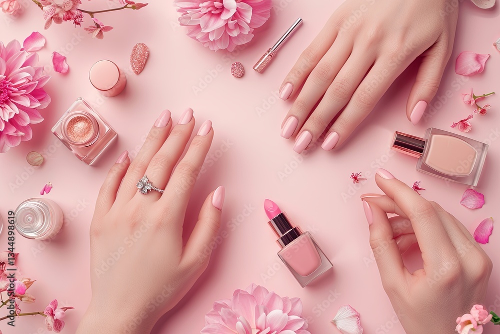 Poster elegant female hands showcasing manicures and cosmetics on a soft pink background with delicate flow