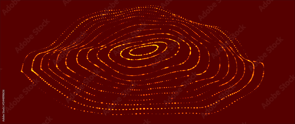Poster circular wave of glowing dots. futuristic dot wave of bright particles on dark background. weave eff