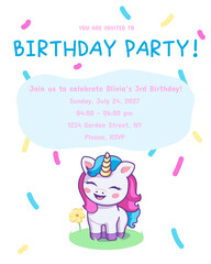 Cute unicorn kids birthday invitation, party invitation vector template