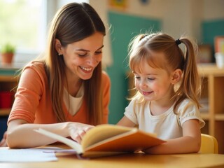 Mother and daughter reading together happily.

