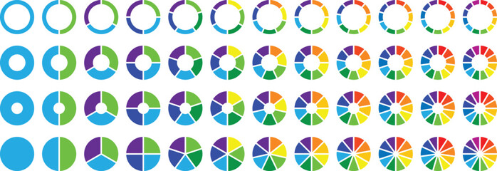 Circle pie chart diagram. Pie chart set, segmented circle icons. Circle section graph. Pie chart divided 1,2,3,4,5,6,7,8,9,10,11,12 equal parts. Infographic wheel segment or section parts. Vector set