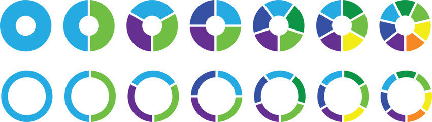 Circle pie chart diagram. Circle section graph. Pie chart set, segmented circle icons. Pie chart divided 1,2,3,4,5,6,7,8,9,10,11,12 equal parts. Infographic wheel segment or section parts. Vector set