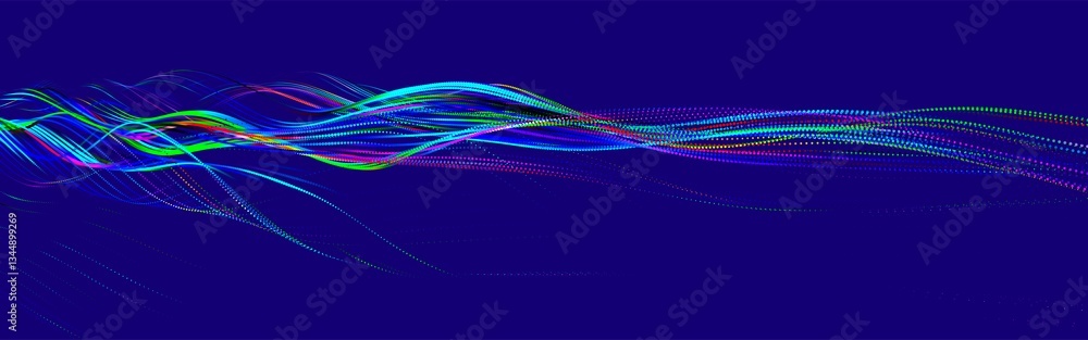 Aufkleber multicolored wave of glowing dots. futuristic dot wave of bright particles, on dark background. inte