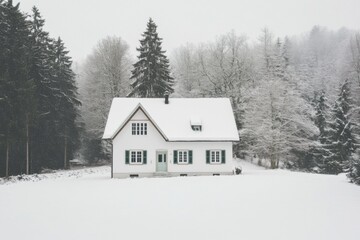 A charming snow-covered house is nestled among towering trees, creating a picturesque scene in a tranquil winter landscape on a peaceful morning