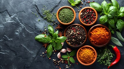 Flat lay of exotic spices herbs on a dark stone background wide text friendly space