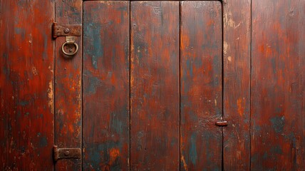 Fototapeta premium Rustic Red Wooden Door with Multicolored Paint Splatters