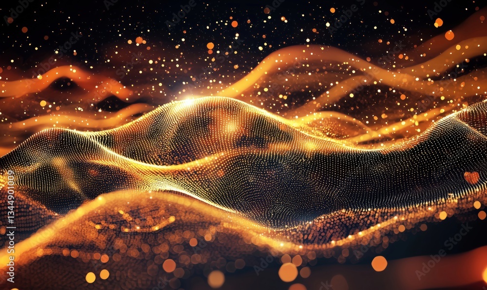 Poster golden wave patterns with glowing particles creating a mesmerizing abstract background