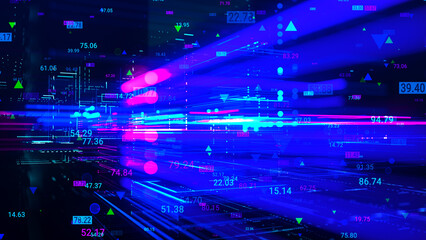 Communication network concept. Digital transformation. Engineering, coding with technology icons, numbers and binary code, big data. Data flow information. Digital communication concept. 3D rendering