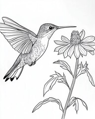 Fototapeta premium Minimalist ultra-HD line art a hummingbird hovering near a flower, with bold strokes forming intricate details