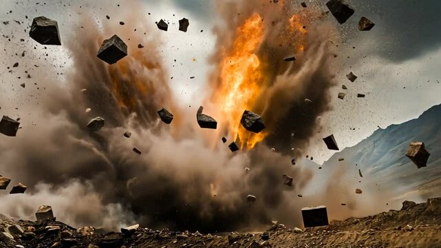 Controlled demolition in a mountainous area causing powerful explosions and debris