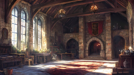 Obraz premium Enchanting interior of a medieval castle. Sorcerers Stone. Illustration