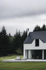 Obraz premium Modern architectural design of a white house set in a lush green landscape surrounded by tall coniferous trees on an overcast day in a remote area