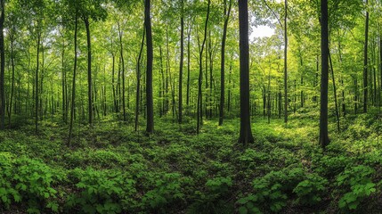 Obraz premium Lush Green Forest Landscape with Tall Trees and Vibrant Foliage Under Bright Sunlight