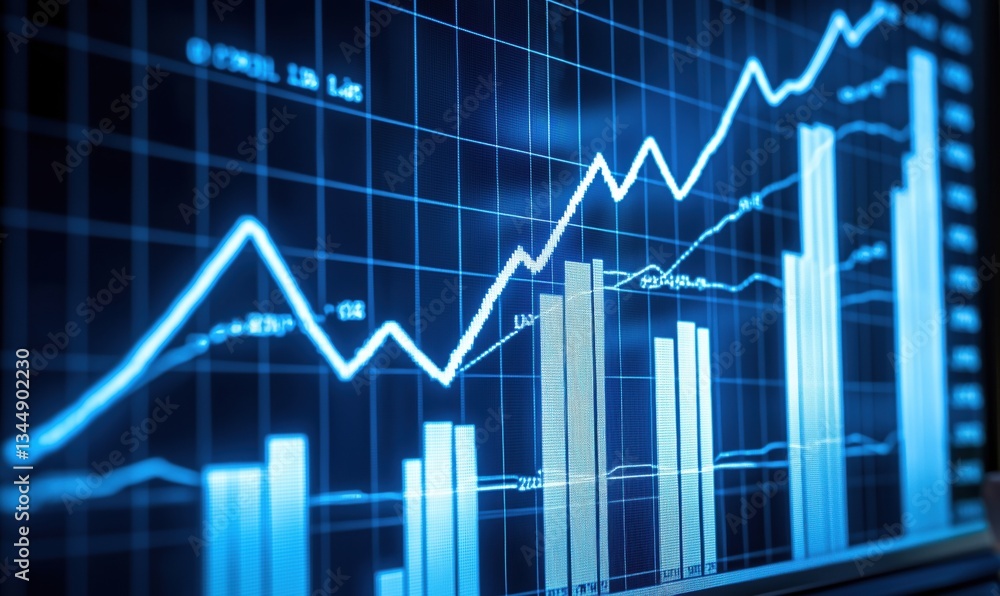 Poster financial data visualization with blue line graph and bar chart on digital screen
