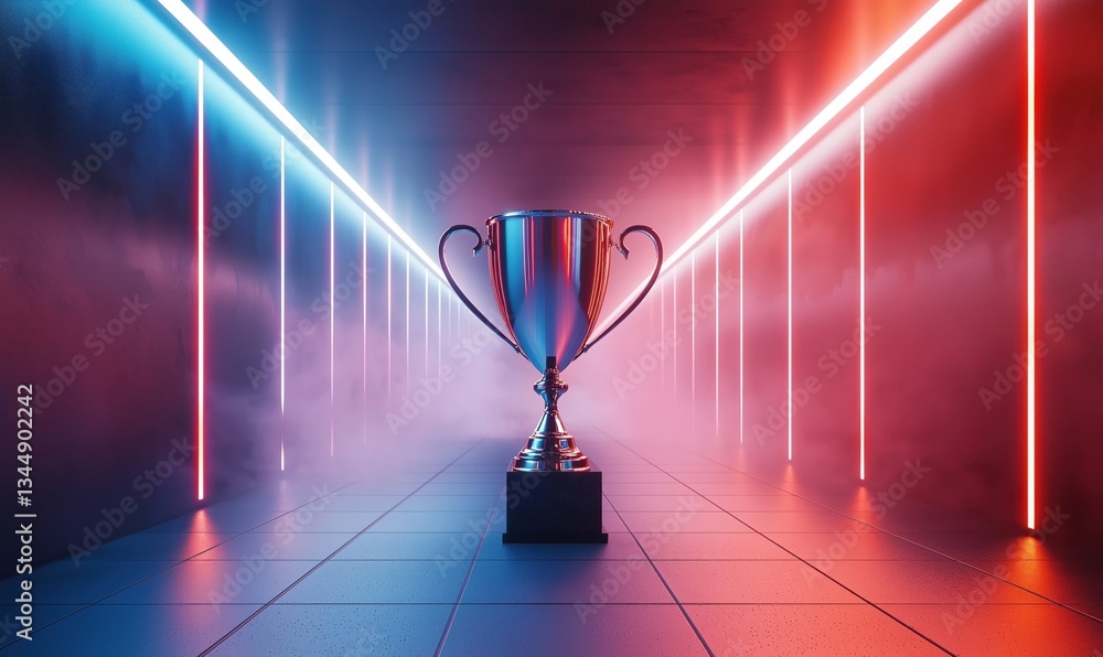 Poster shiny trophy in illuminated corridor with colorful lights and fog effects
