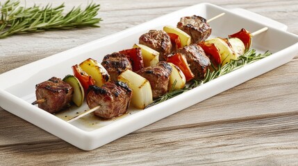 Grilled skewers of meat and vegetables on a white platter on a wooden table. Possible use Food photography, recipe inspiration, restaurant menu