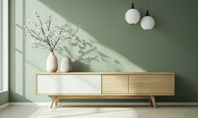 Modern minimalist living room with wooden sideboard and decorative vases