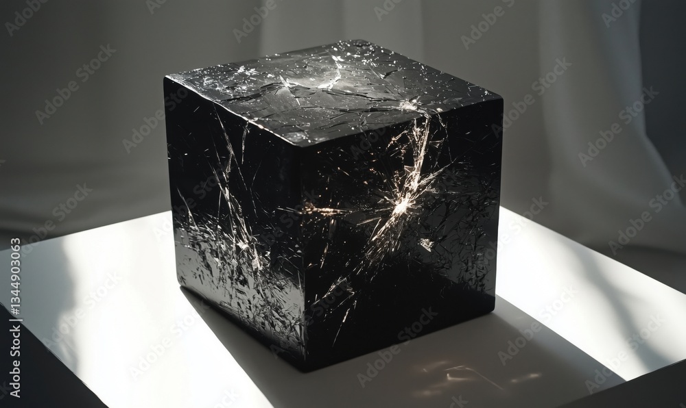 Poster black crystal cube with intricate cracks reflecting light in modern art setting