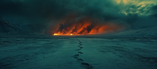 Fototapeta premium Footprints Leading Through Snowy Landscape Towards Intense Flames