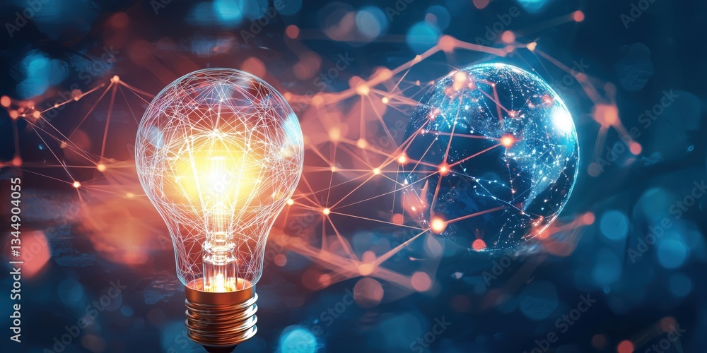 Poster illuminated light bulb symbolizing innovation and global connectivity with digital network