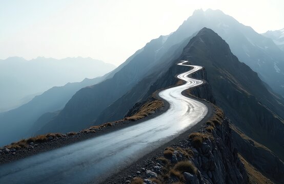 Aerial view of winding asphalt road on mountain ridge. Scenic alpine route with curve path, travel adventure landscape. Journey to success through freedom exploration way direction destination.