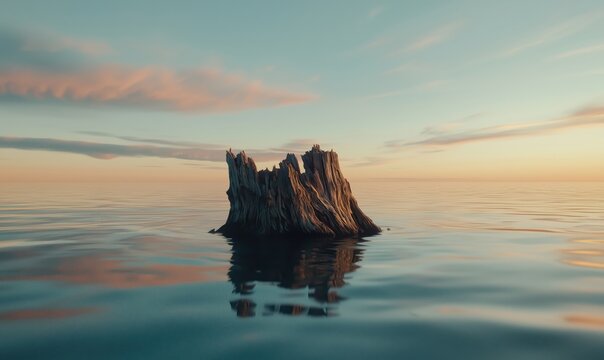Lonely tree stump emerging from calm ocean waters at sunset