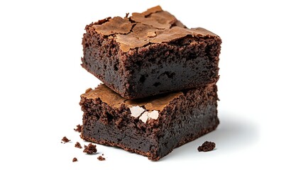 A photograph of two rich, fudge brownies stacked on top of each other