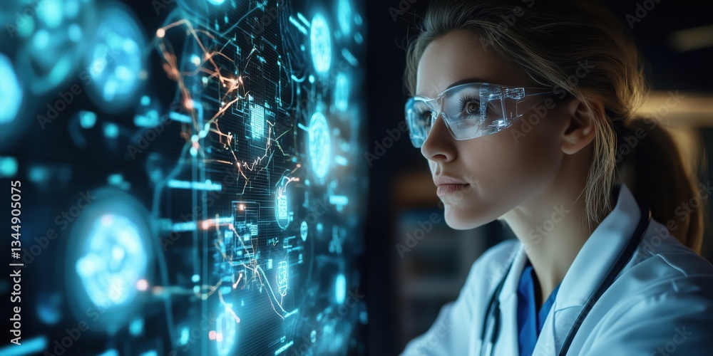 Poster female scientist analyzing digital data with futuristic technology in laboratory setting