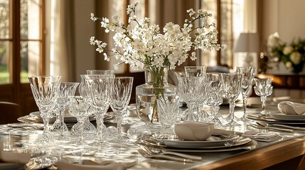 Elegant table setting with crystal glassware, white flowers, and sunlight.