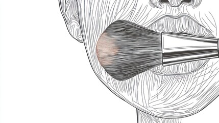 Minimalist ultra-HD line art a makeup brush applying blush to a cheek, with bold lines forming texture and precision