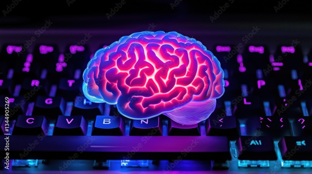 Poster digital brain illustration on keyboard representing technology and artificial intelligence